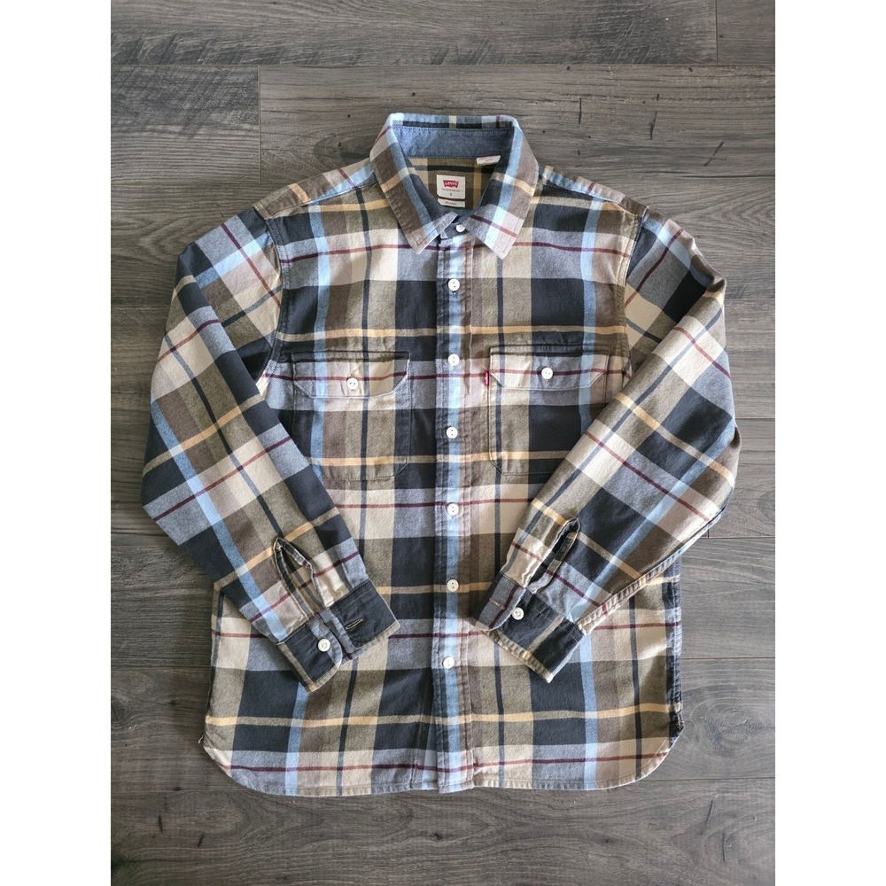 Men's sz Small Levis Relaxed Fit Plaid‎ Flannel Shirt Brown Blue Tan 100% Cotton